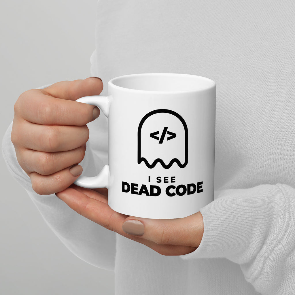 I See Dead Code white mug, outlined ghost with a code-tag face above the words I SEE DEAD CODE (view 2)