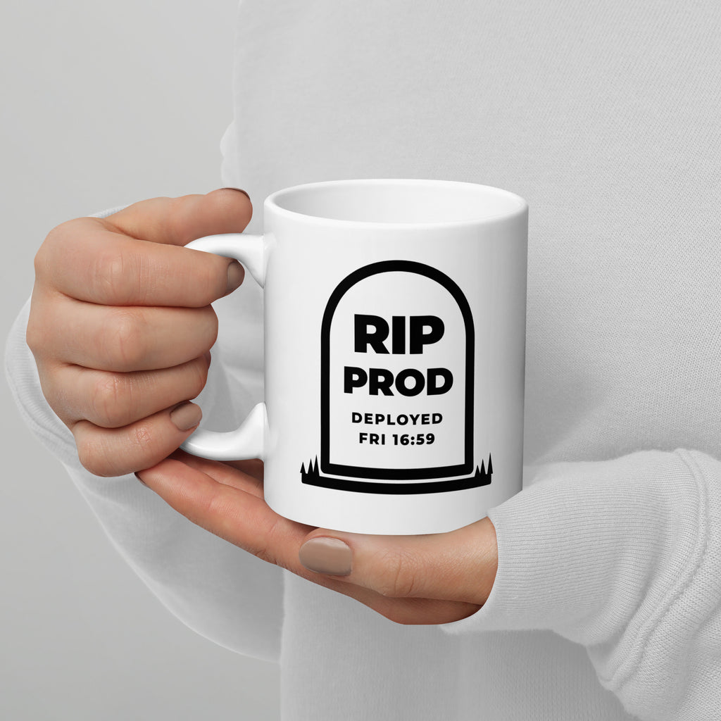 RIP Prod white mug, outlined gravestone reading RIP PROD, DEPLOYED FRI 16:59 (view 2)